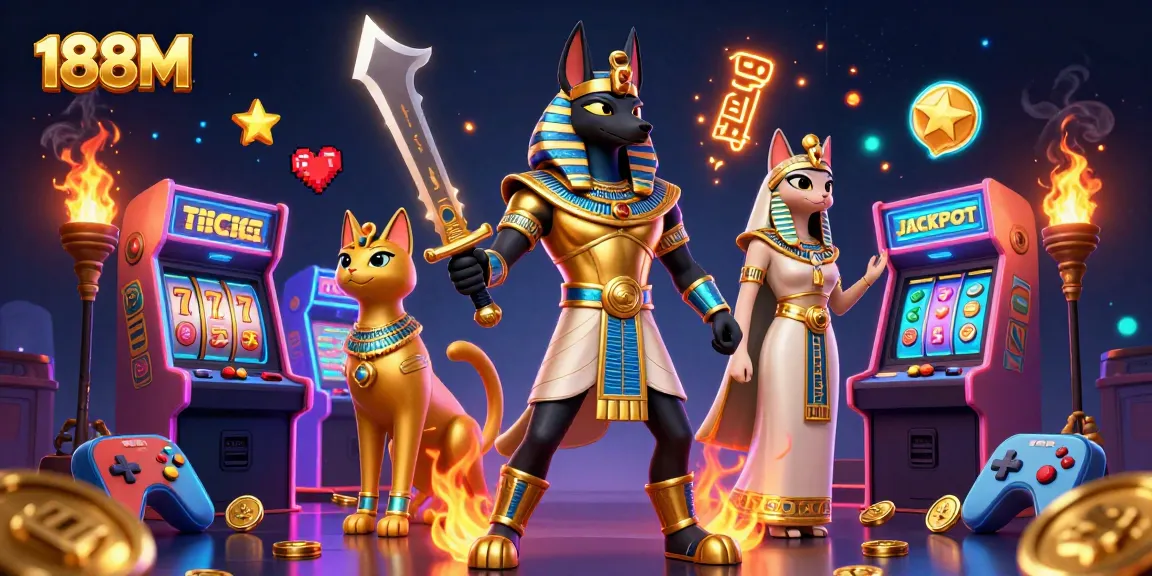 Engage in thrilling slots at 188M featuring Anubis and Bastet amidst vibrant casino elements.