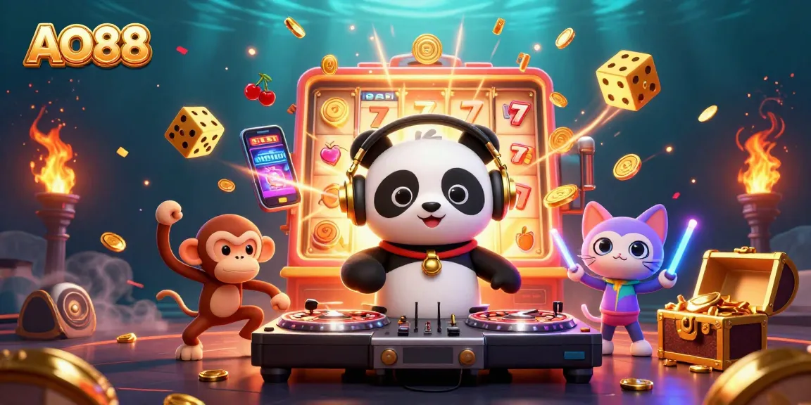 AO88 showcases a vibrant scene with a DJ panda and celebratory elements in a lively casino environment.