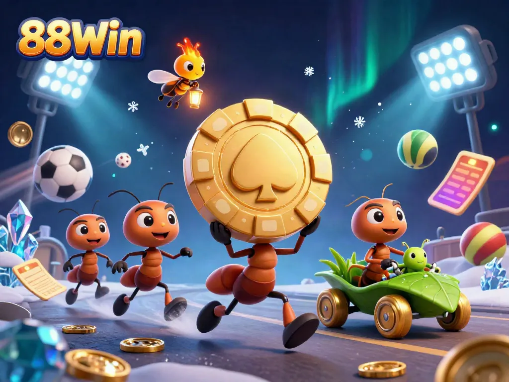 Join the thrilling heist with 88Win's animated ants carrying a giant poker chip in this vibrant casino adventure.