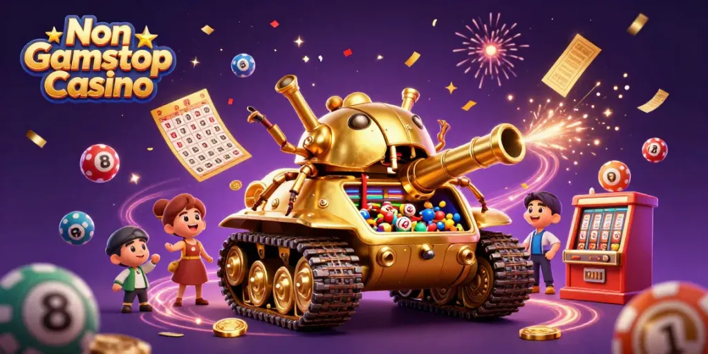 Engage in thrilling gameplay at Non Gamstop Casino with vibrant animated lottery balls and cascading confetti.