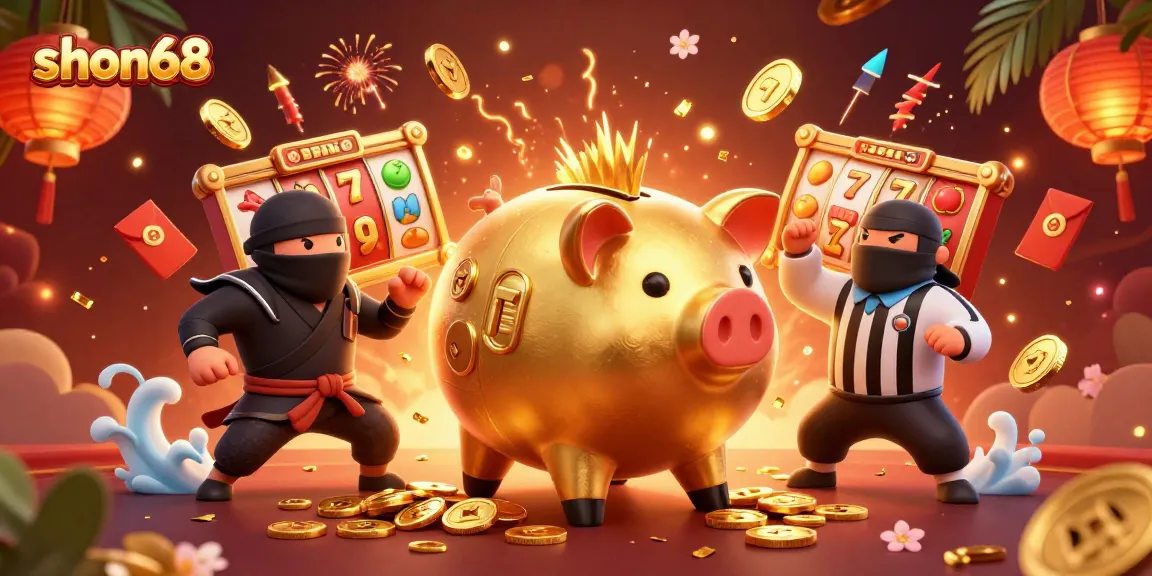 Experience thrilling wins at shon68 with a lively golden piggy bank sumo wrestler and colorful slot elements.
