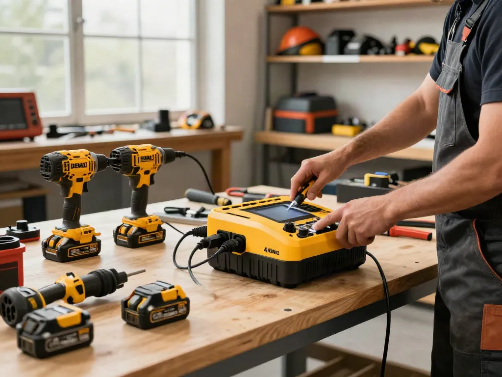 DEWALT 4 port charger charging multiple batteries in a modern workshop setting.