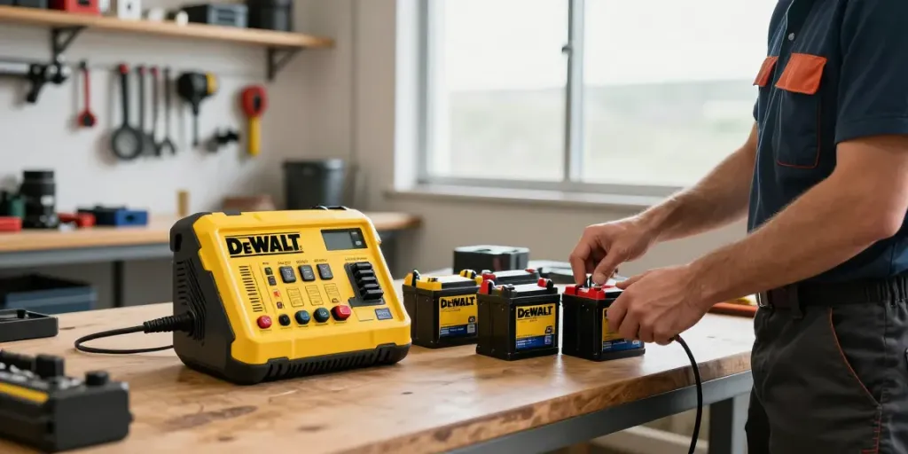 DEWALT 4-port charger charging multiple batteries in a bright workshop setting, showcasing efficiency and reliability.