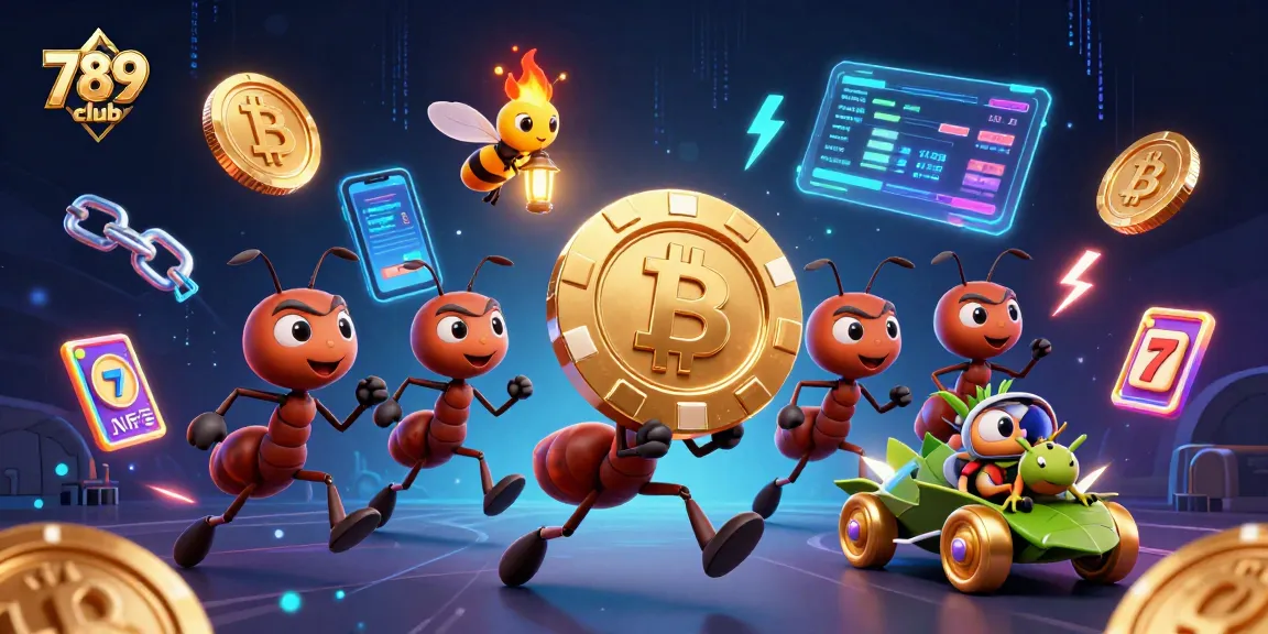 Engage with 789 club in an exhilarating heist scene featuring animated ants, poker chip, and crypto-themed elements.