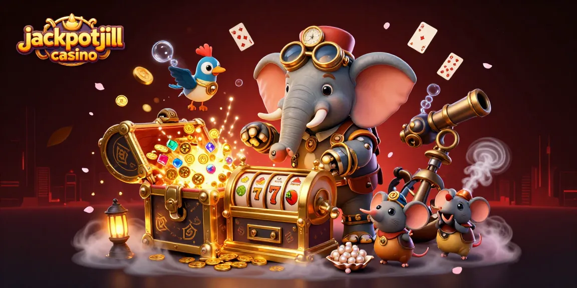 Experience the thrills of jackpotjill casino with vibrant visuals of steampunk characters and slot machines.