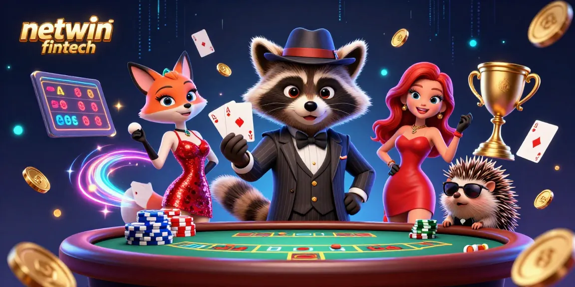 Experience the thrill of victory with netwin fintech in this engaging 3D poker scene featuring a suave raccoon, fox, and hedgehog.