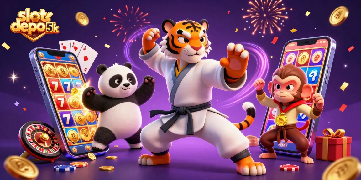 Experience slot depo 5k with vibrant 3D characters and colorful gaming elements, capturing thrilling casino action.