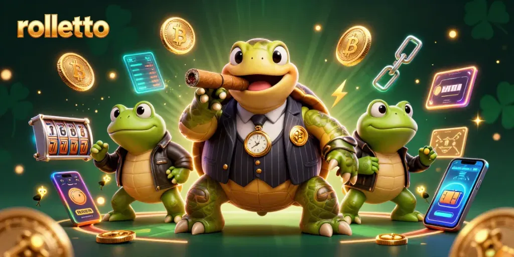 Engage in thrilling gameplay at Rolletto with a vibrant 3D scene featuring a snapping turtle and bullfrog enforcers.