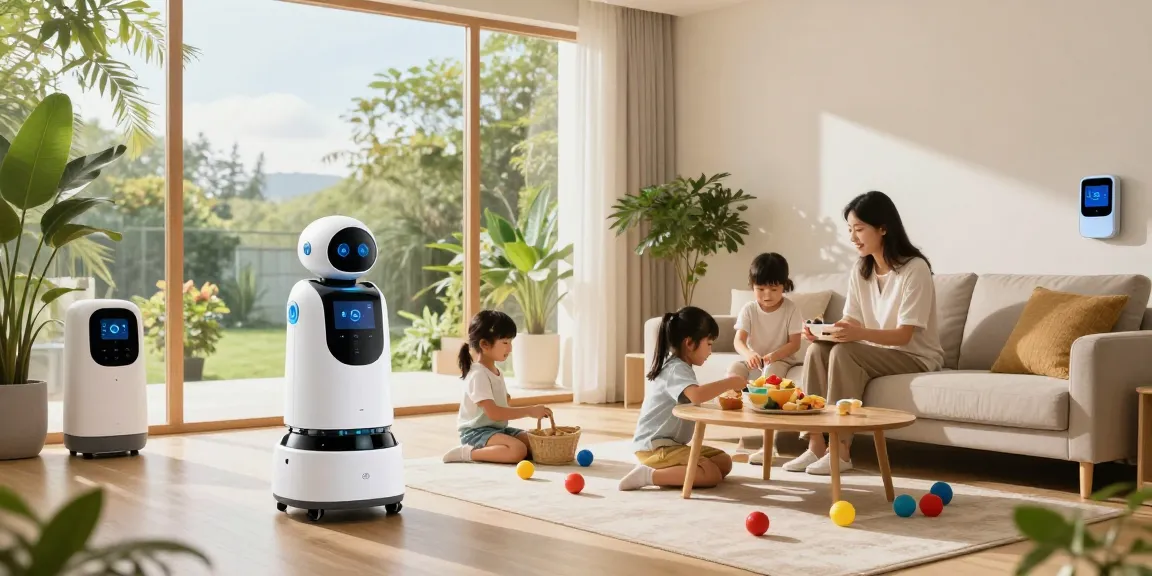A family enjoying time together with a home robot 2026 tidying toys in a modern living room.