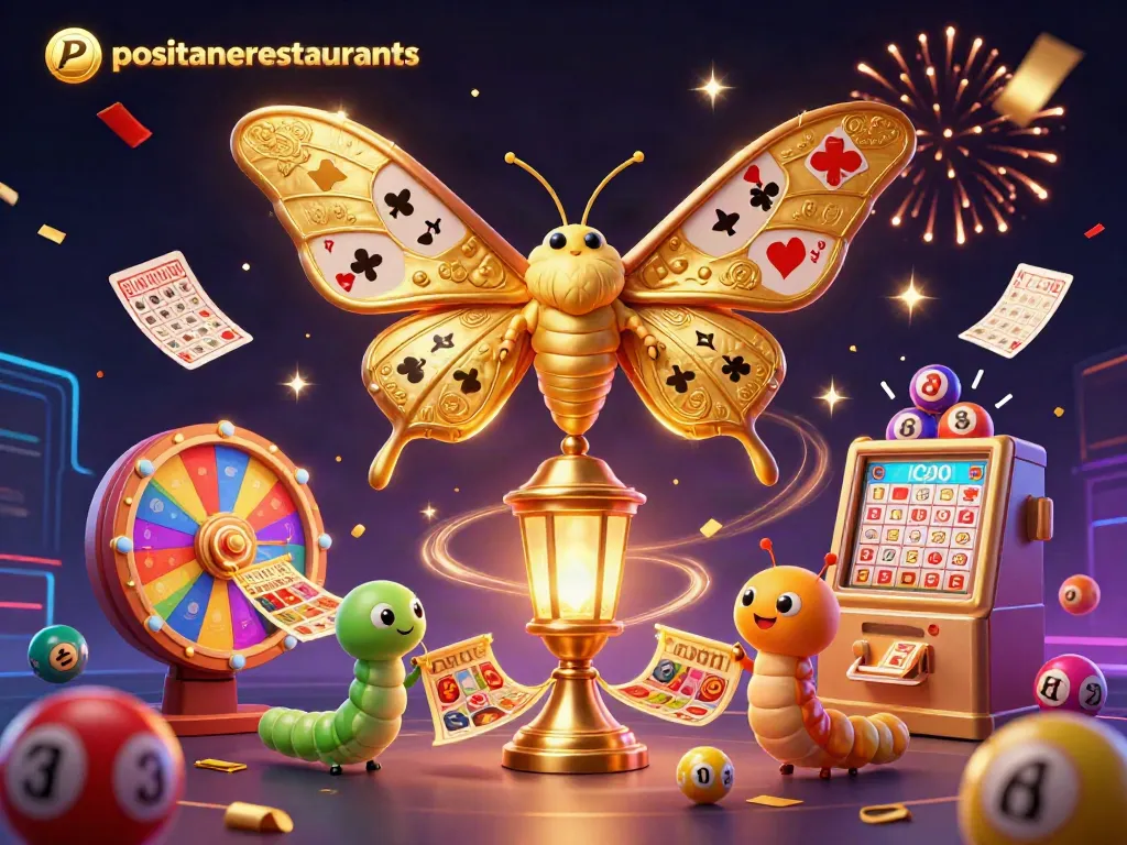 Engaging casino-themed 3D illustration showcasing positanorestaurants with dynamic lottery items and festive elements.