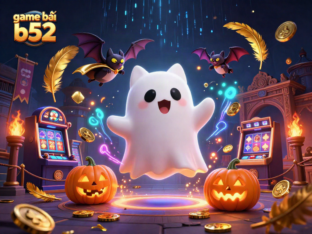 Engage in game bài b52 with a friendly ghost cat and glowing poker jack-o-lanterns in a haunted casino.