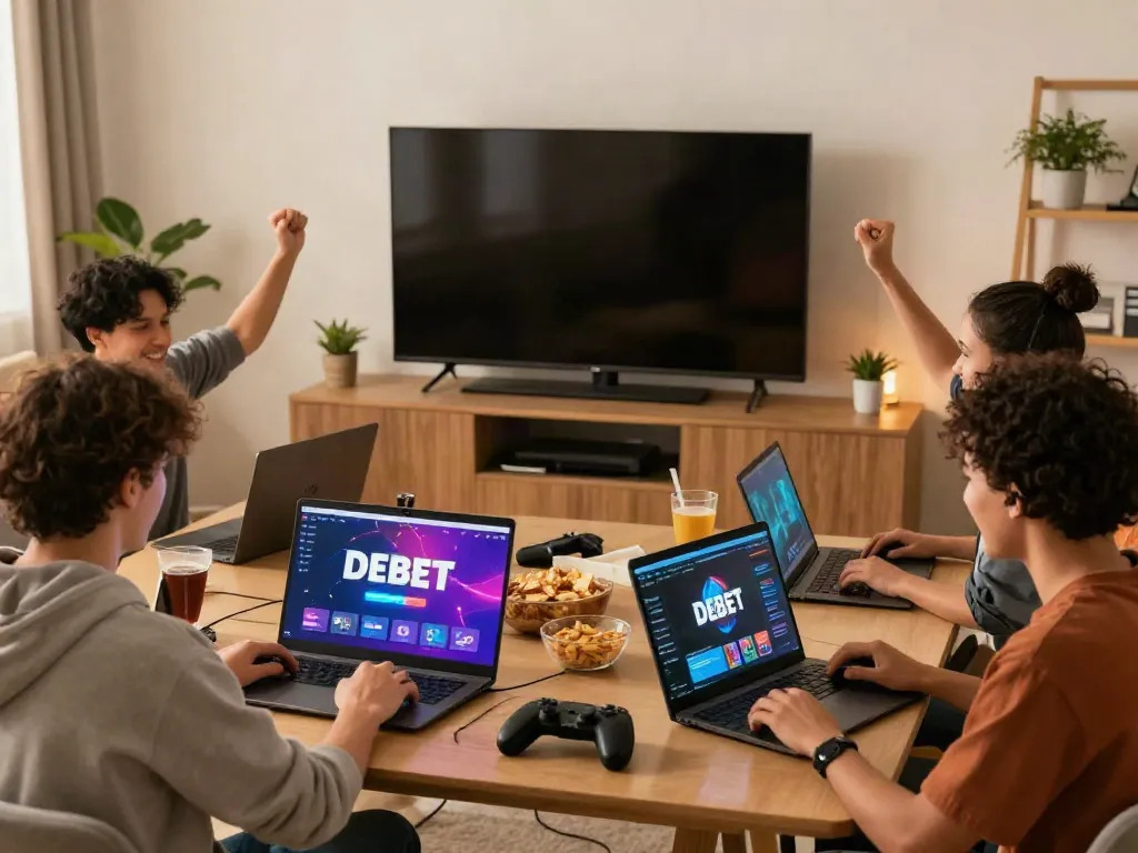 Exciting online gaming experience with friends using DEBET platform in a cozy living room setting.
