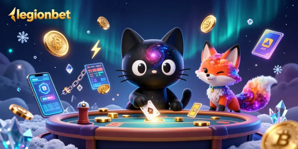 Join the action at legionbet with a cosmic casino adventure featuring vibrant characters and glowing crypto elements.