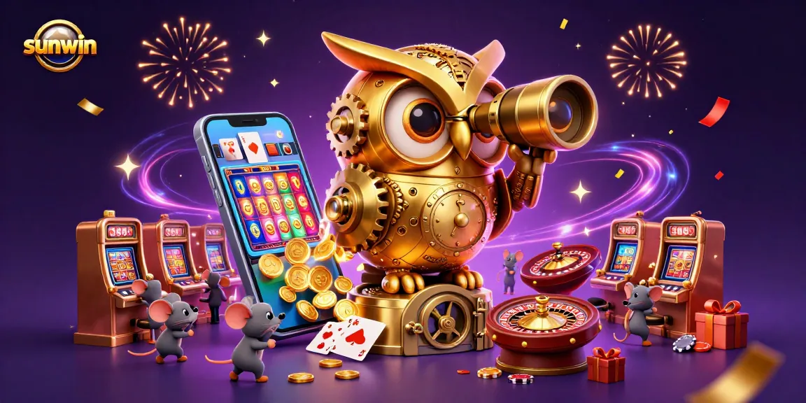 Engage in thrilling slots with sunwin's vibrant 3D casino scene featuring gold owl and mice.