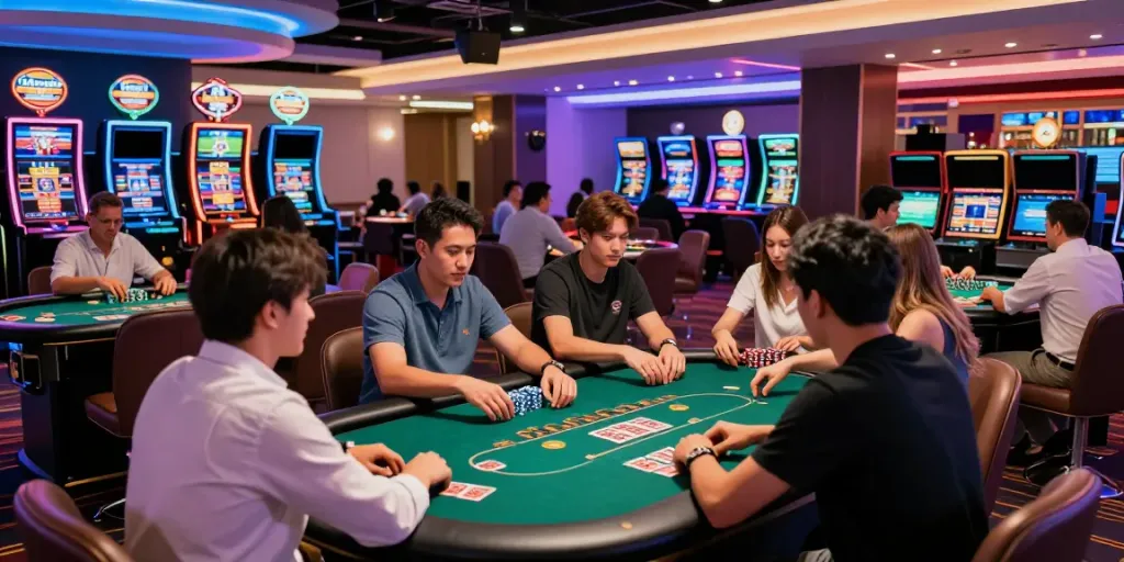Dynamic scene of nhà cái gem88 casino with players engaged and neon lights illuminating the gaming atmosphere.