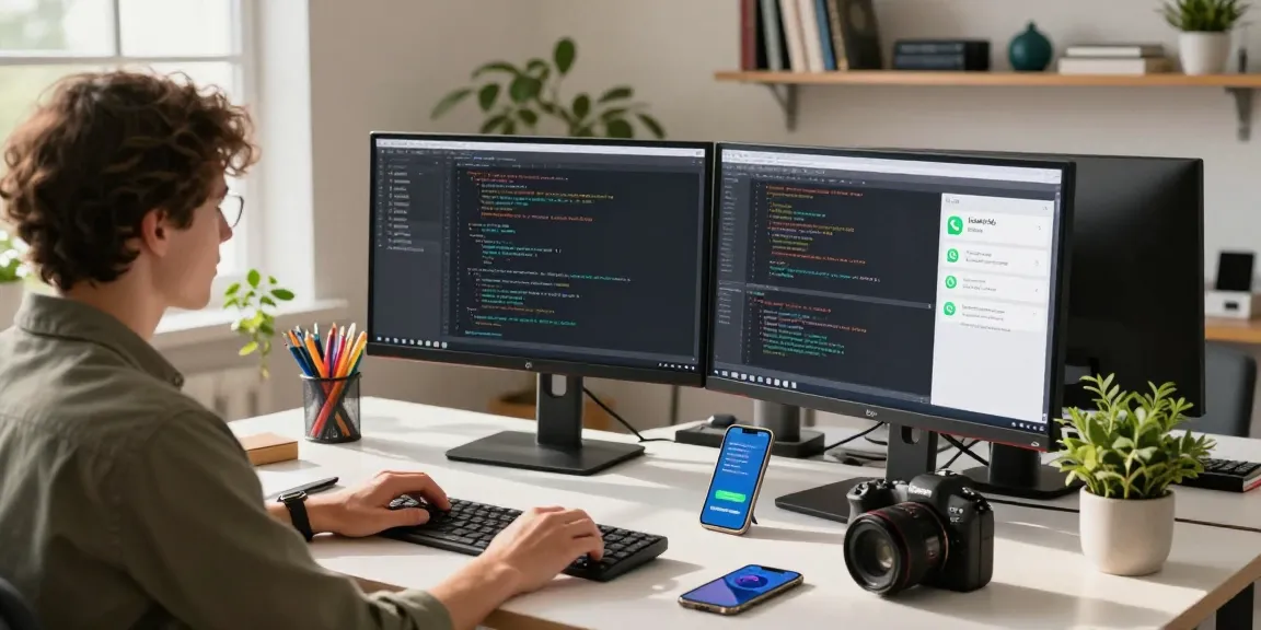 Developer at modern workspace coding WhatsApp下載 application, dual monitors bright with colorful interface