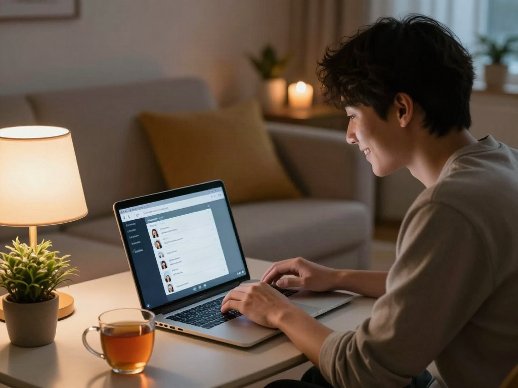 Engaging in AI sex chat in a cozy digital setting, person smiling at laptop with intimate ambiance.