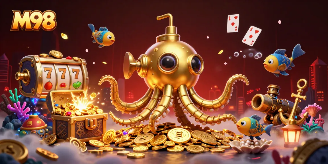 M98 gamers spinning slots with a golden kraken submarine amid shining coins and treasures