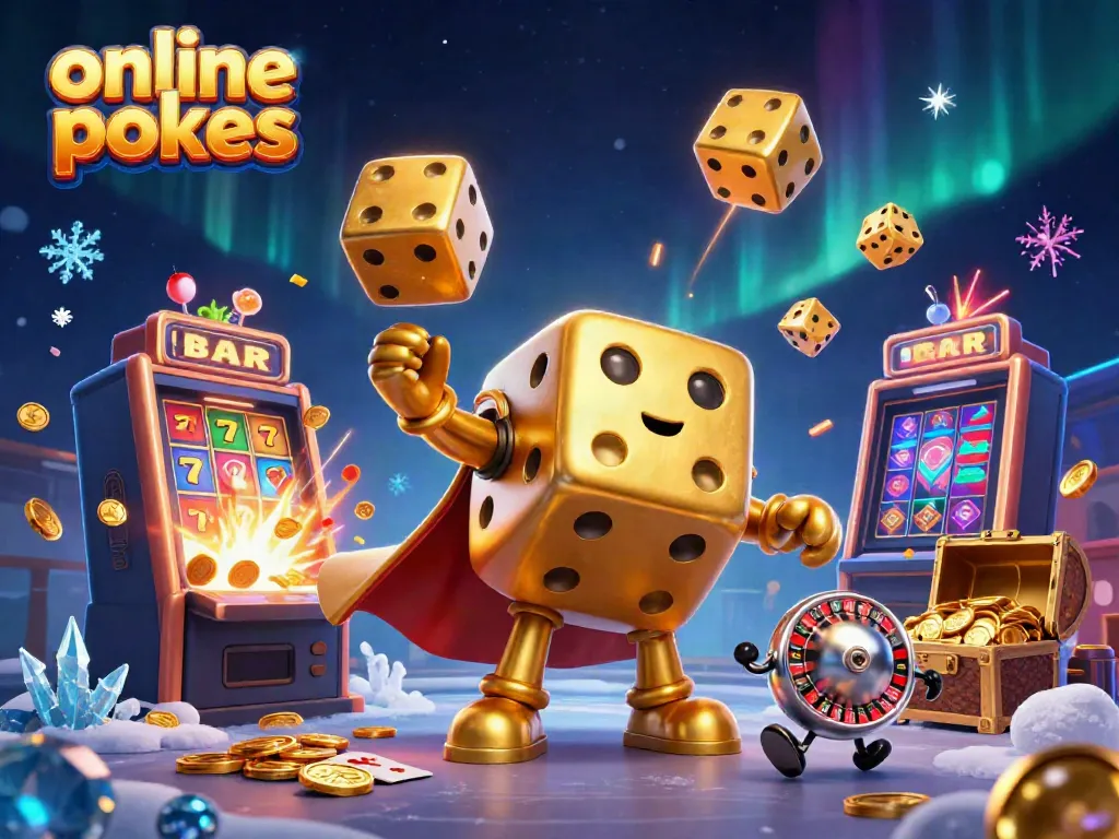 This vibrant 3D scene showcases online pokies, featuring a dice golem and a jackpot explosion.