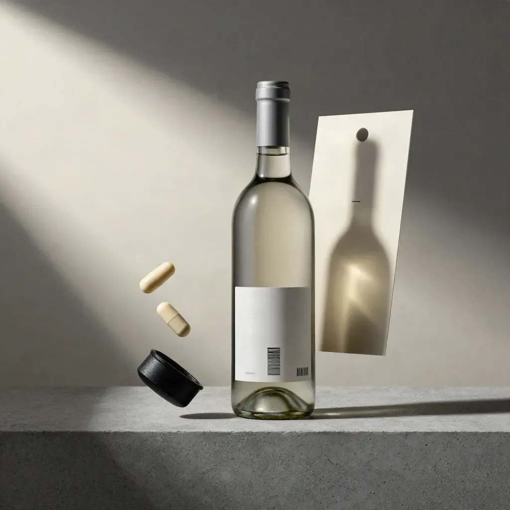 Bottle, scanner tile, two capsules and stopper on pale stone in a soft suspended layout.