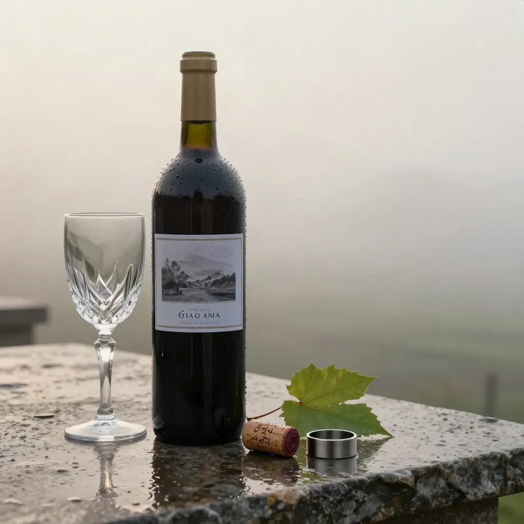 Bordeaux bottle, crystal glass, corks and vine leaf on rain-wet stone in dawn mist