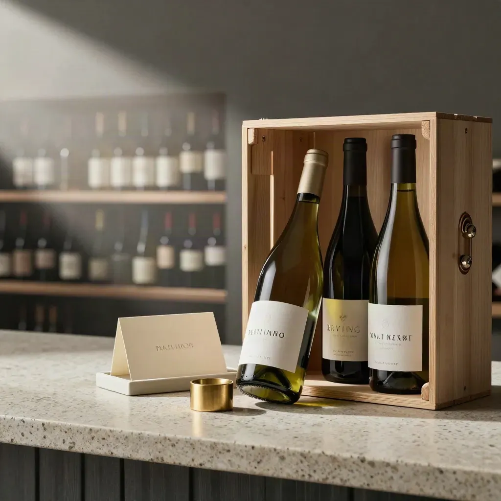 Three wine bottles in a kraft crate with brass and cork props in a bright cellar.