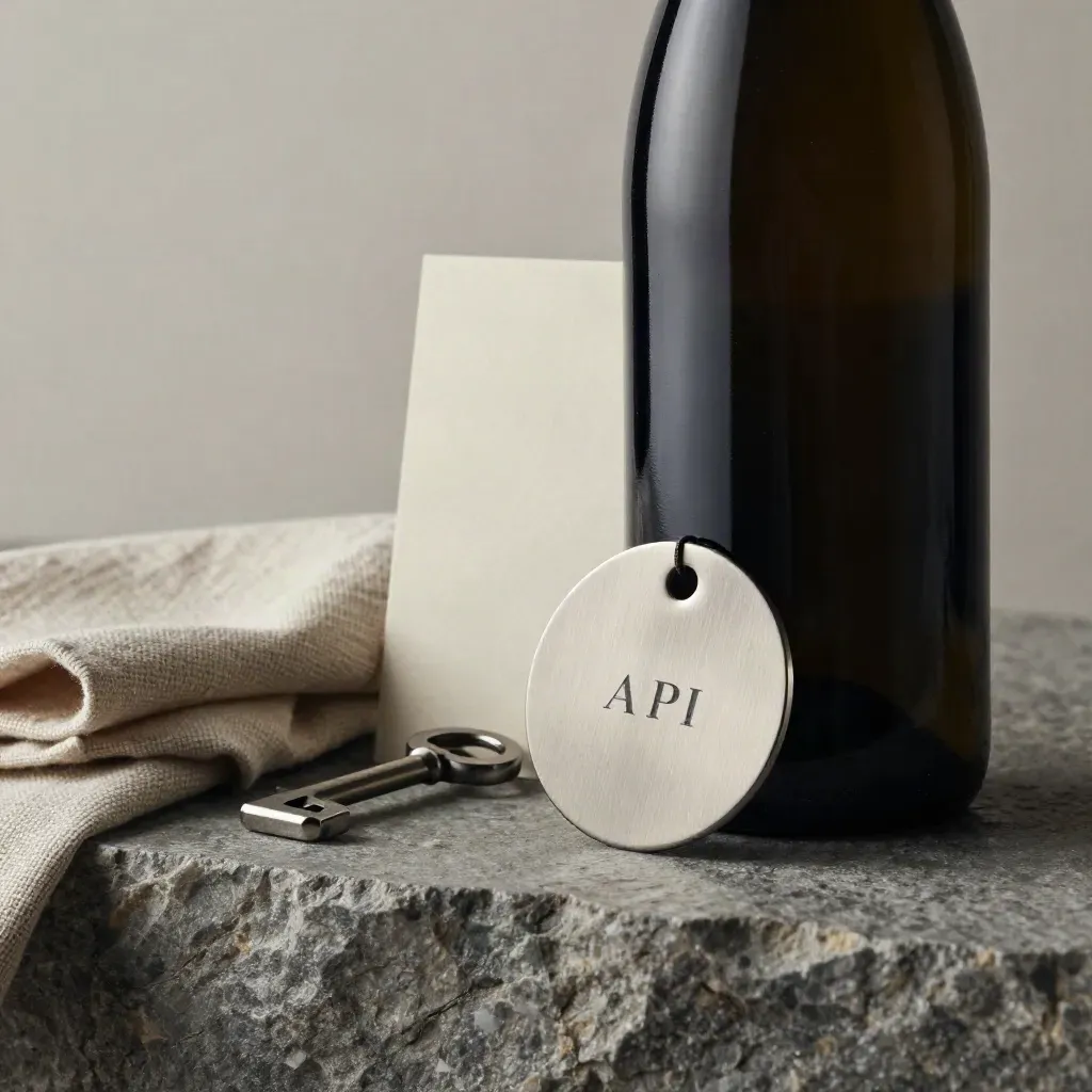 Unlabelled wine bottle with slate key, linen cloth, and metal tag on limestone