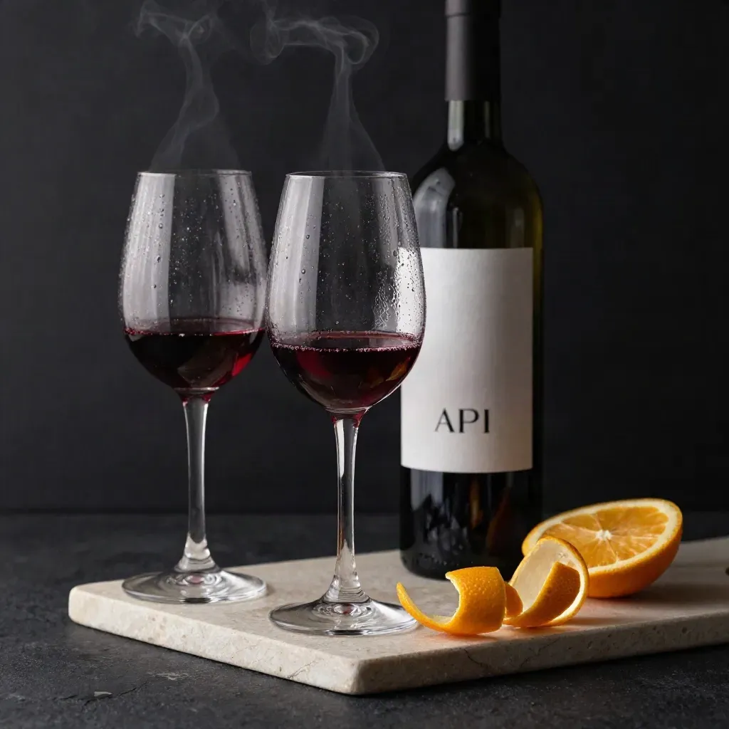 Tulip tasting glasses, unlabelled bottle and citrus curls on a pale tray with burgundy wine glow.