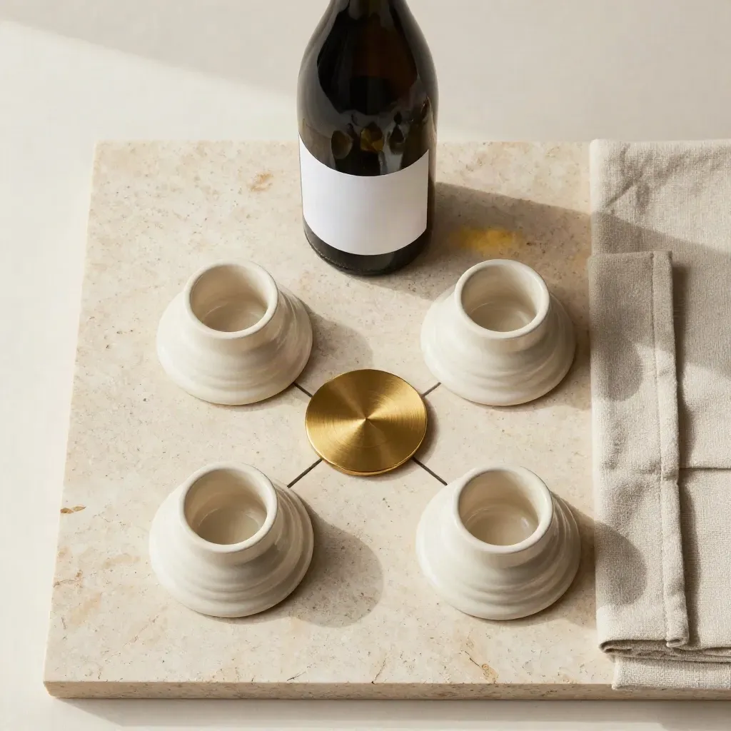 Overhead flatlay of wine bottle with ceramic markers, brass disc and linen on travertine