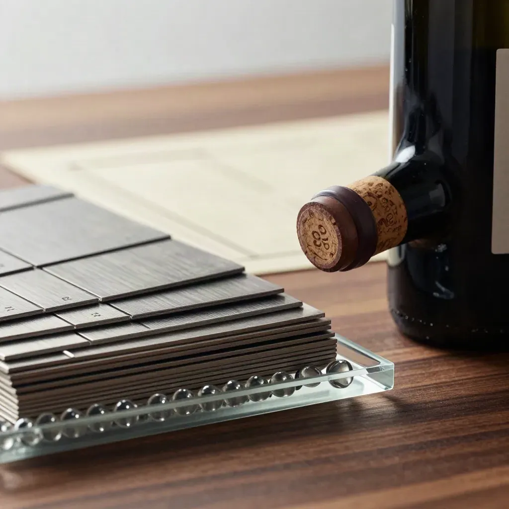 Unlabelled wine bottle beside brushed metal slats and glass beads in a sleek macro still life.