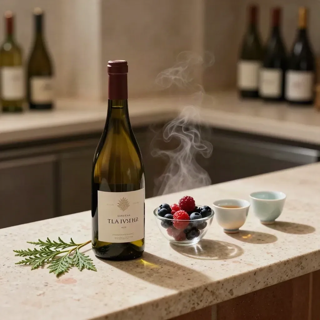 Bottle, berries, cedar leaf and porcelain cup on a terracotta tasting counter with soft daylight.