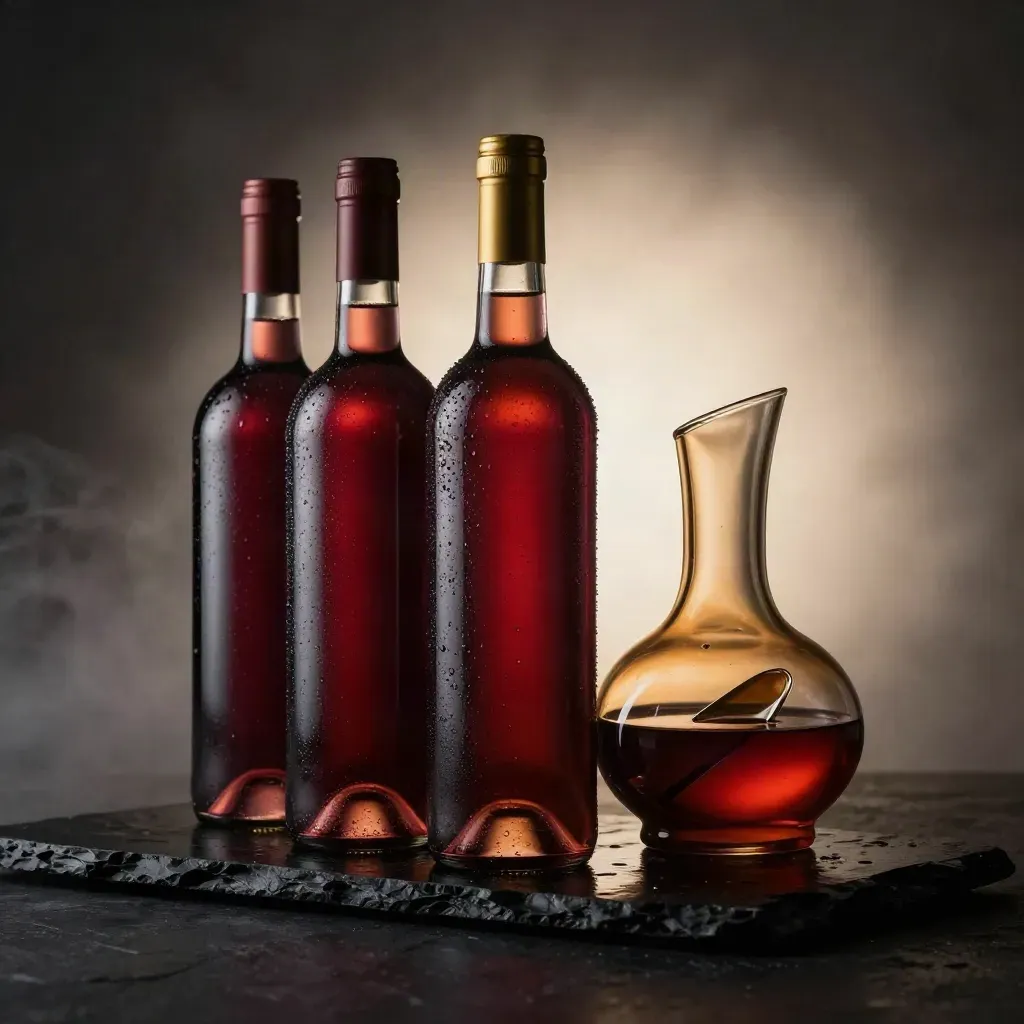 Three wine bottles, a brass ring and amber shard lit dramatically on black stone.