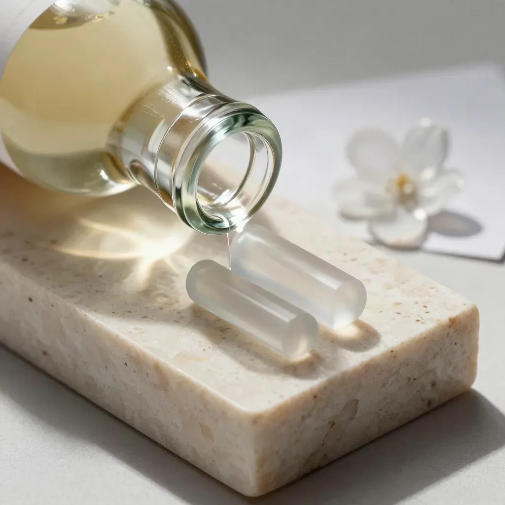 Macro of an unlabelled wine bottle with three glass markers on travertine stone.
