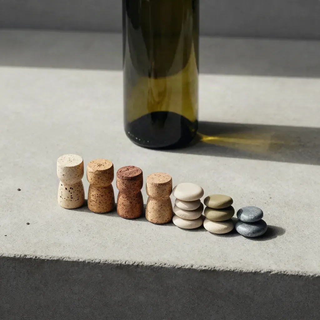 Top-down wine bottle with five corks and stacked stone chips on pale concrete.