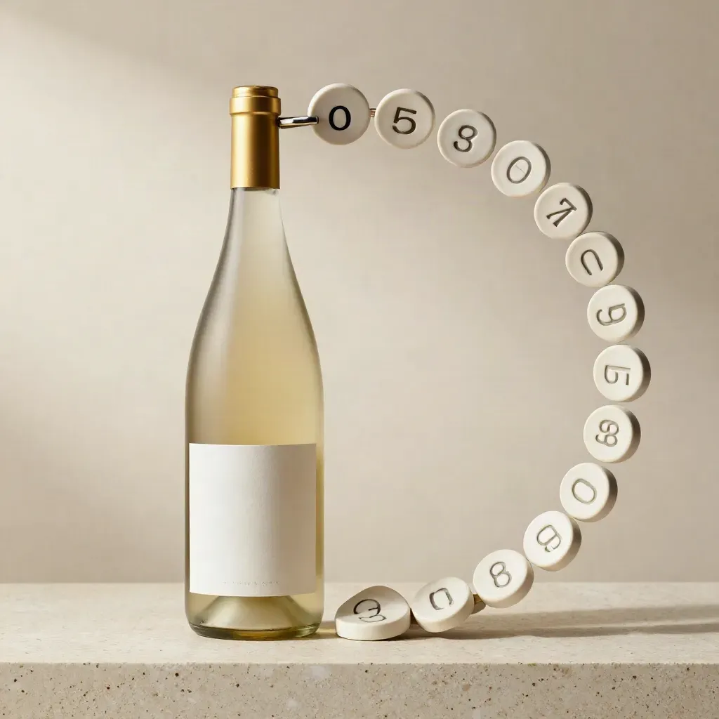 Blank bottle with ceramic code tokens and a gold ring on pale stone.