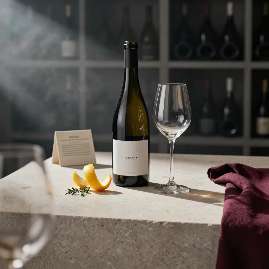 Wine tasting set with bottle, tulip glass, citrus peel and herb sprig on limestone in soft cellar light.