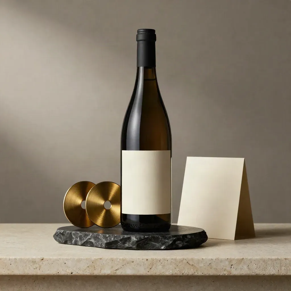 Dark bottle, brass sample discs and stone plinth on a soft ivory studio surface.