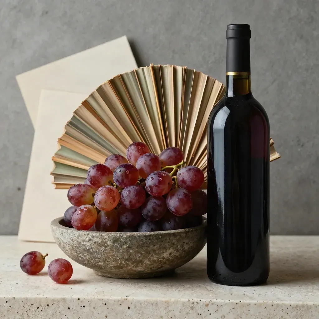 Bottle with red grapes and cedar leaves in a stone bowl, softly lit in a refined wine scene.