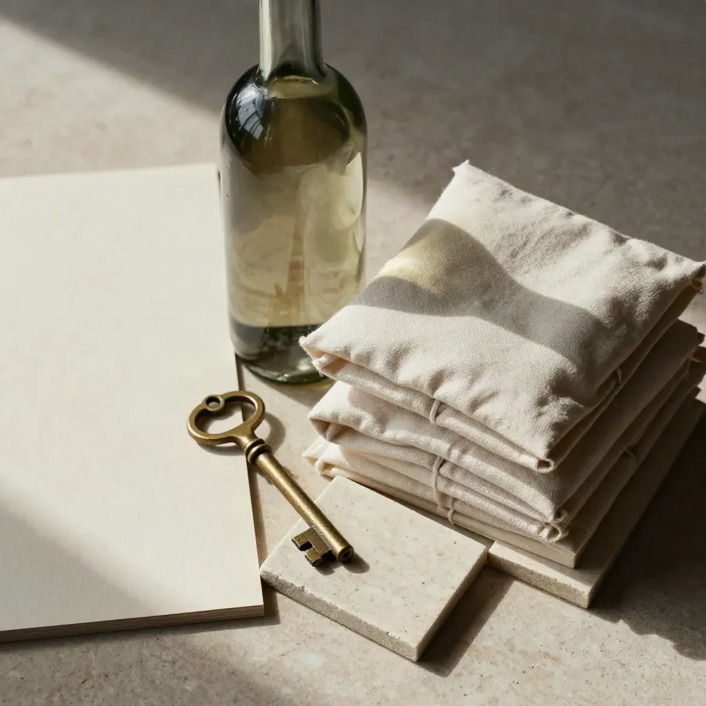 Top-down archive kit with bottle, folded linen, brass key and stacked stone tiles on cream limestone.