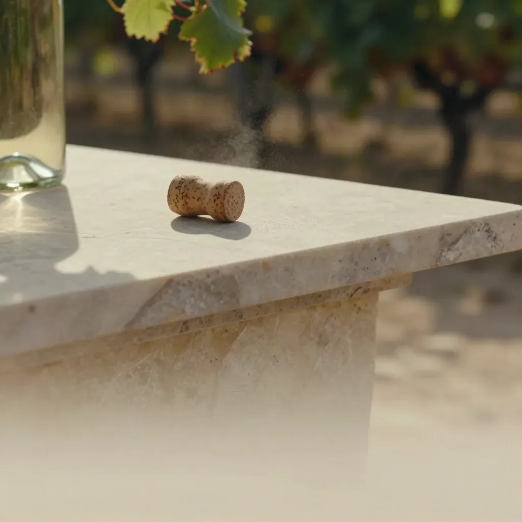 Cream marble plinth with a cork and blurred vineyard stems in soft morning light