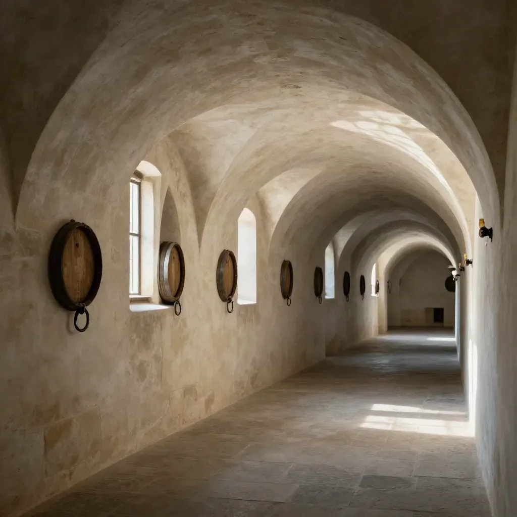 Sunlit arched winery cellar corridor with stone walls, barrel alcoves, and calm floor space.