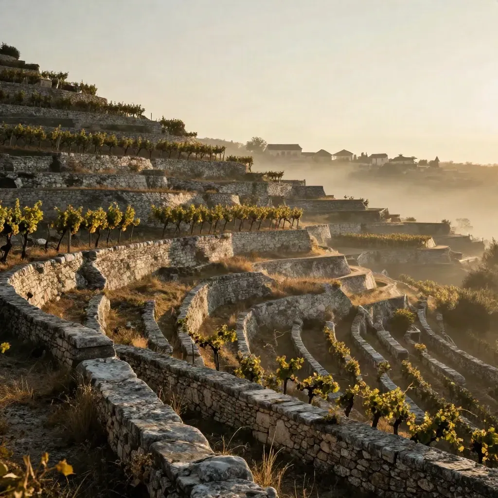 Golden vineyard terraces above a quiet valley with haze and long sunlit shadows.