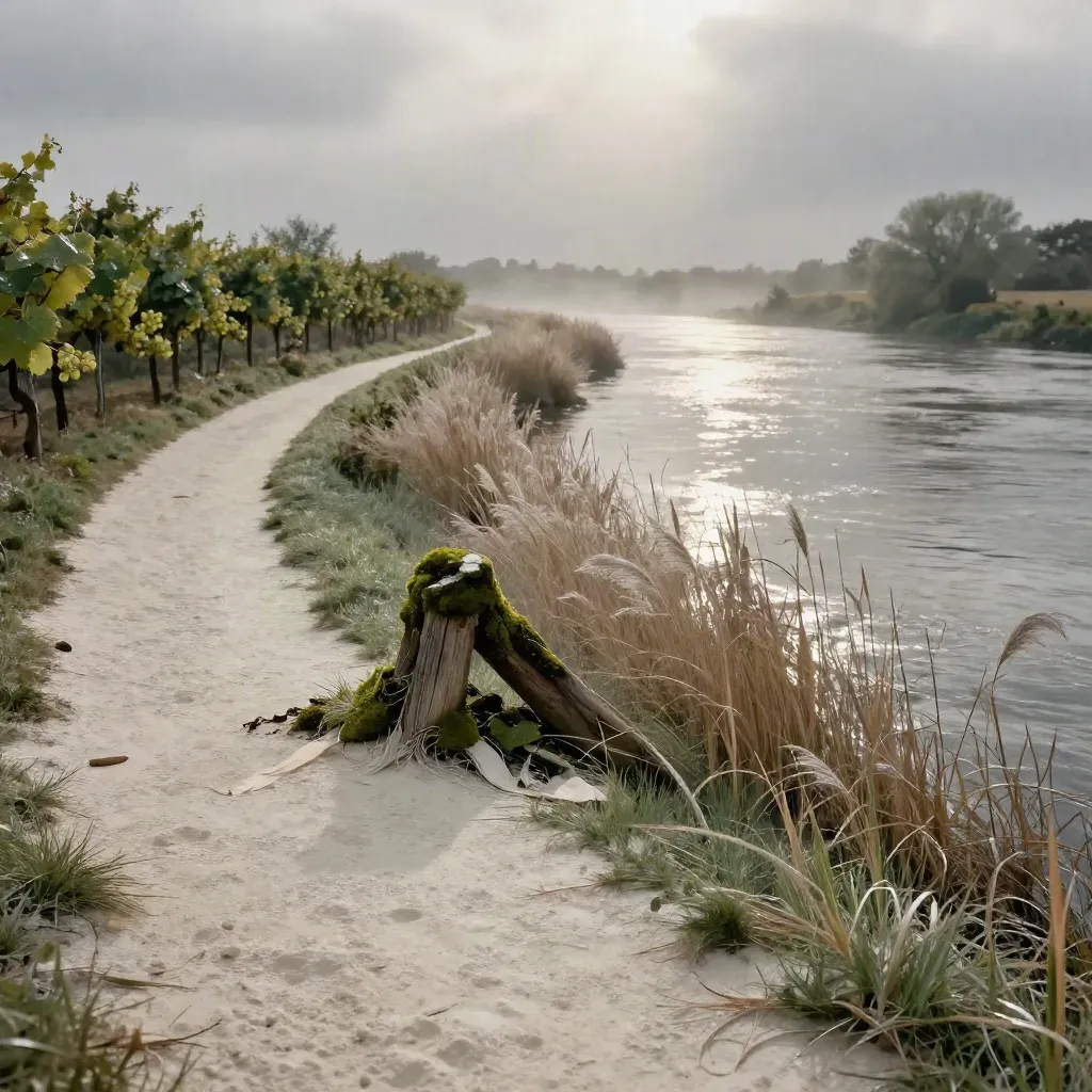 Misty riverbank path with vines and a mossy post at dawn.