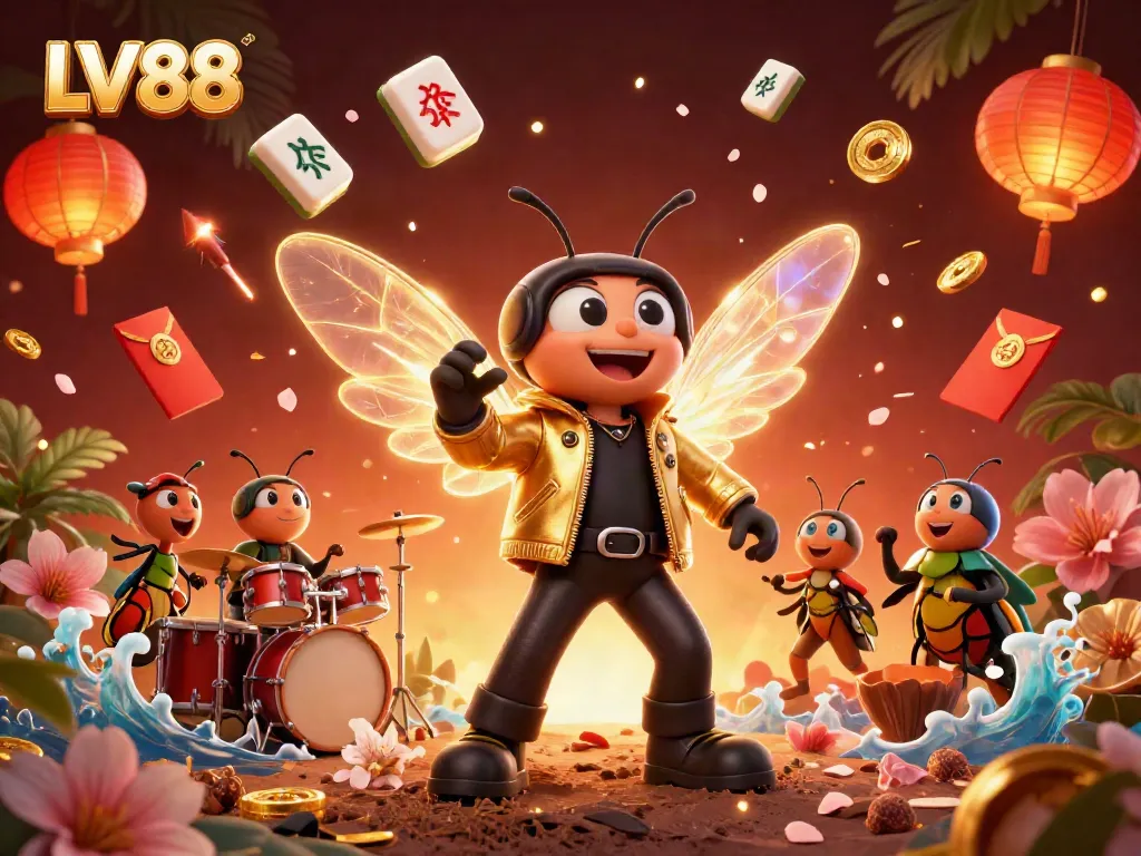 Experience thrilling gaming action with LV88's vibrant 3D casino illustration of a rock star character.