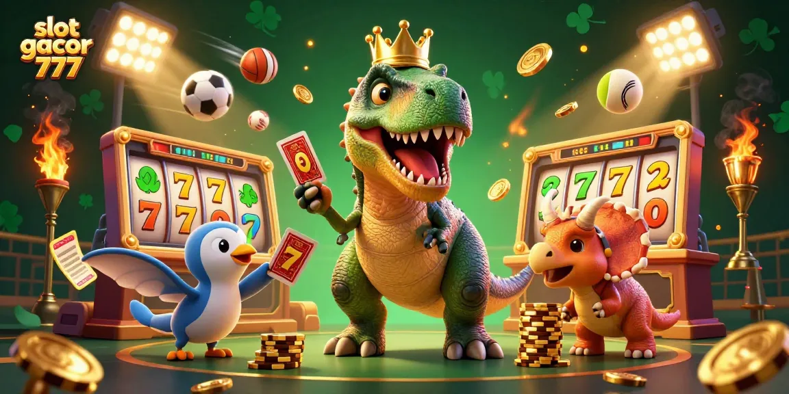 Engage with slot gacor 777 as T-Rex plays cards amidst vibrant casino elements and sports excitement.