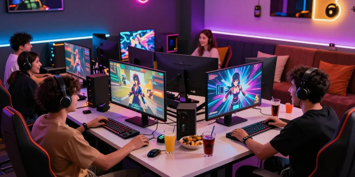 A lively group enjoying ecchi games in a vibrant gaming lounge with colorful LED lights and monitors.