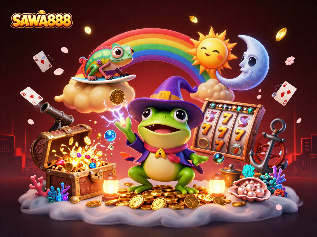 Experience the excitement of SAWA888 with a dynamic 3D illustration of a magical storm of golden coins amidst vibrant casino elements.