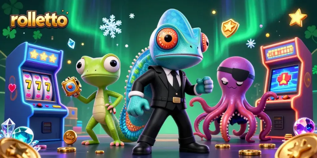 Engage in thrilling gaming adventures with rolletto's animated casino experience featuring colorful characters and vibrant slot icons.