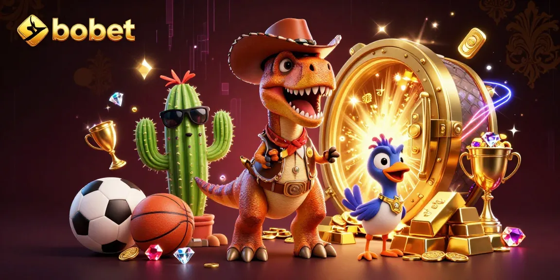 Experience sbobet sports betting excitement with a dynamic cowboy dinosaur and friends in an action-packed scene.