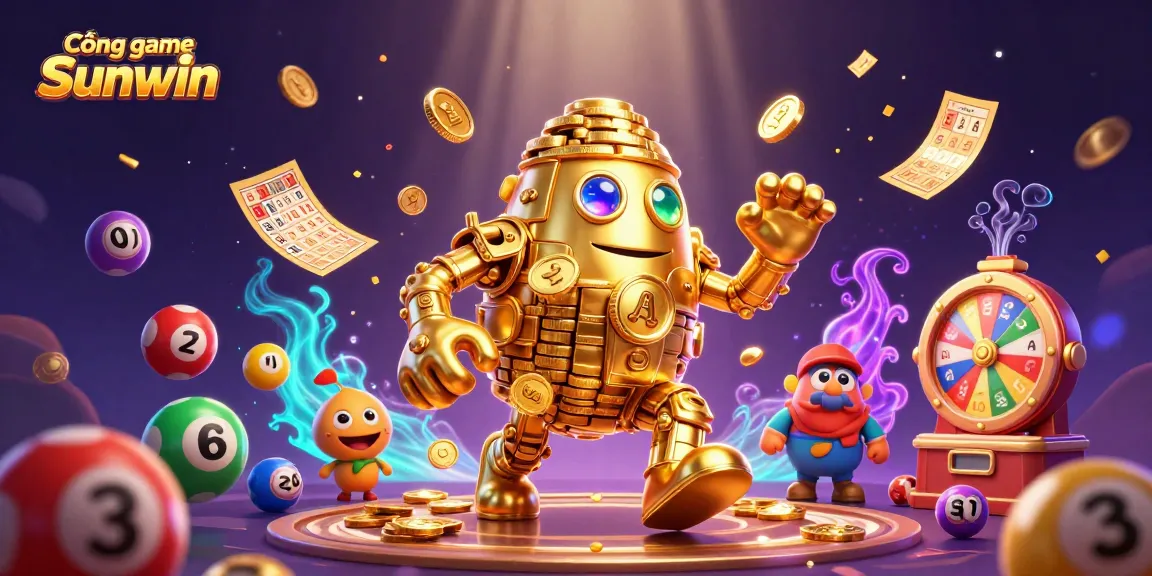 Cổng game Sunwin's dynamic gaming experience with a golden golem and vibrant lottery elements